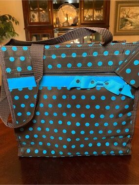Brown and Blue Polka Dot Tote Bag with Blue Bow Accent. 12.5x11.5x5 13”drop